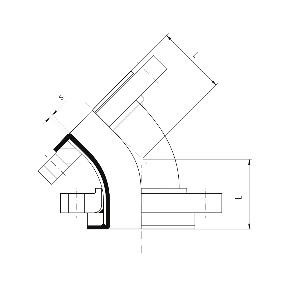 Curva a 45° in accaio rivestita internamente in PTFE (Misure)